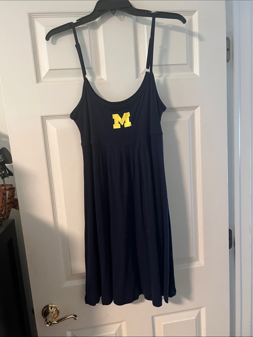 Navy Spaghetti-Strap Mini Dress with Yellow 'M' Accent